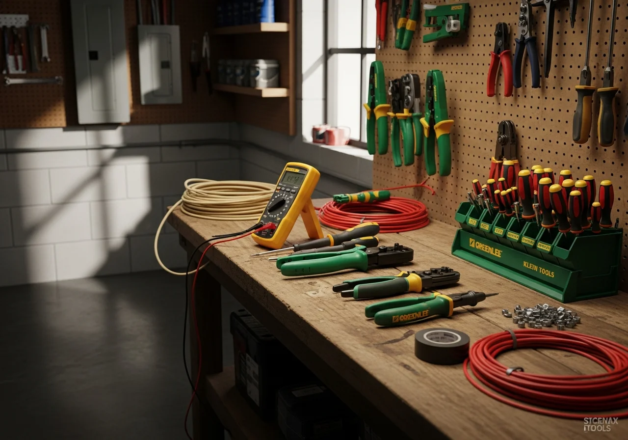 Electrician's tools and equipment arranged on a work surface, representing professional electrical service and trade readiness.