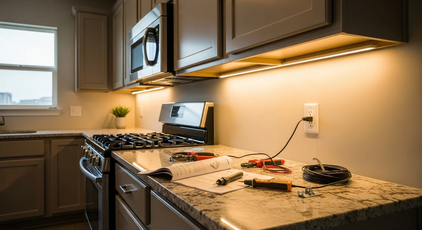 Indoor and outdoor lighting installation with ceiling fan and undercabinet options