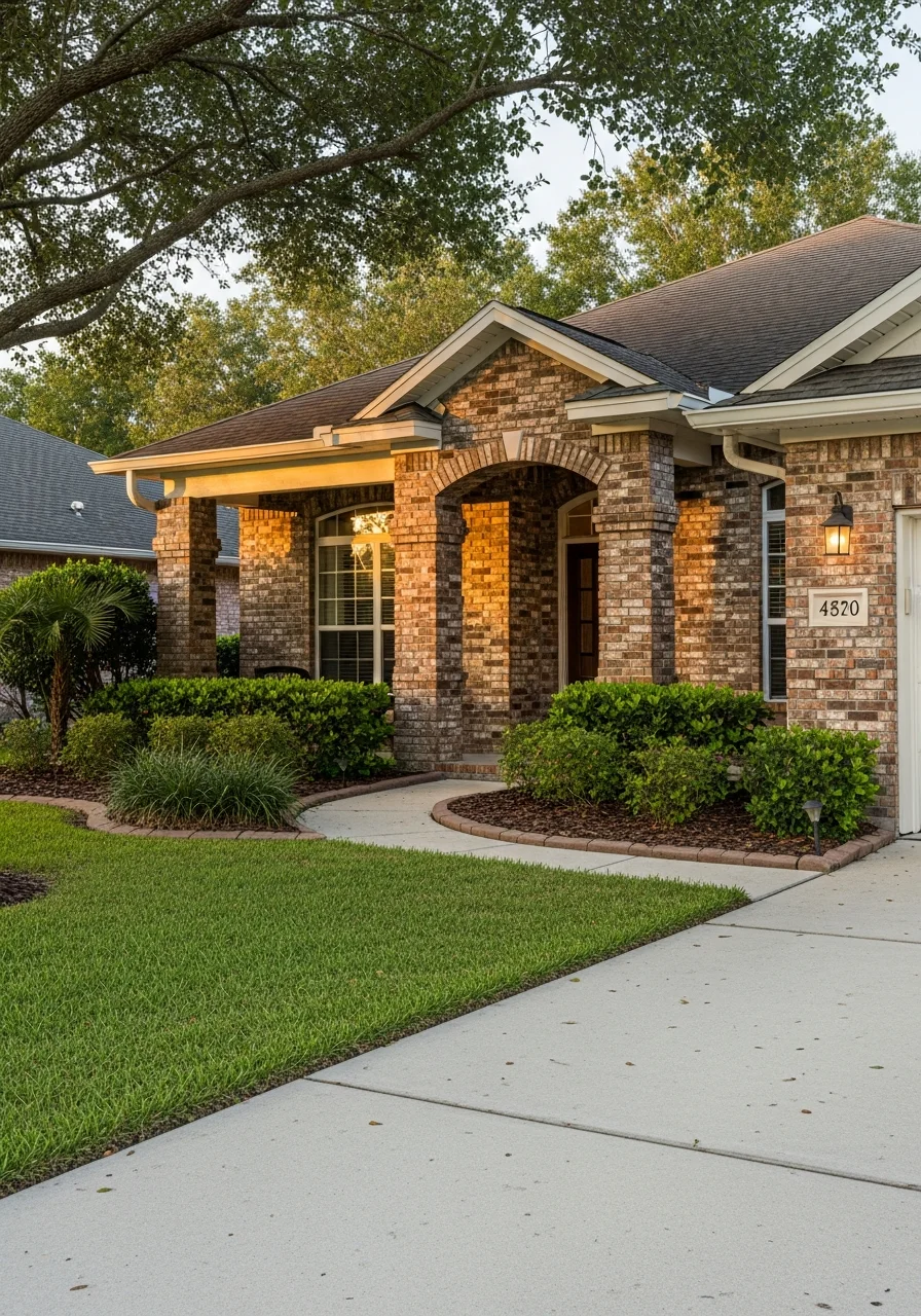 Close-up of a Lakeland home's front entrance with landscaping and driveway.