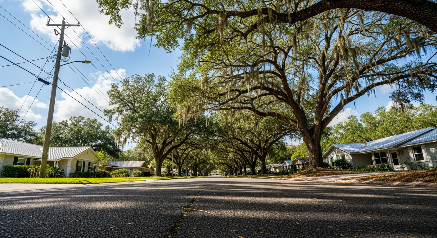 Lakeland residential street with mature oak trees and mixed single-family homes under blue sky.