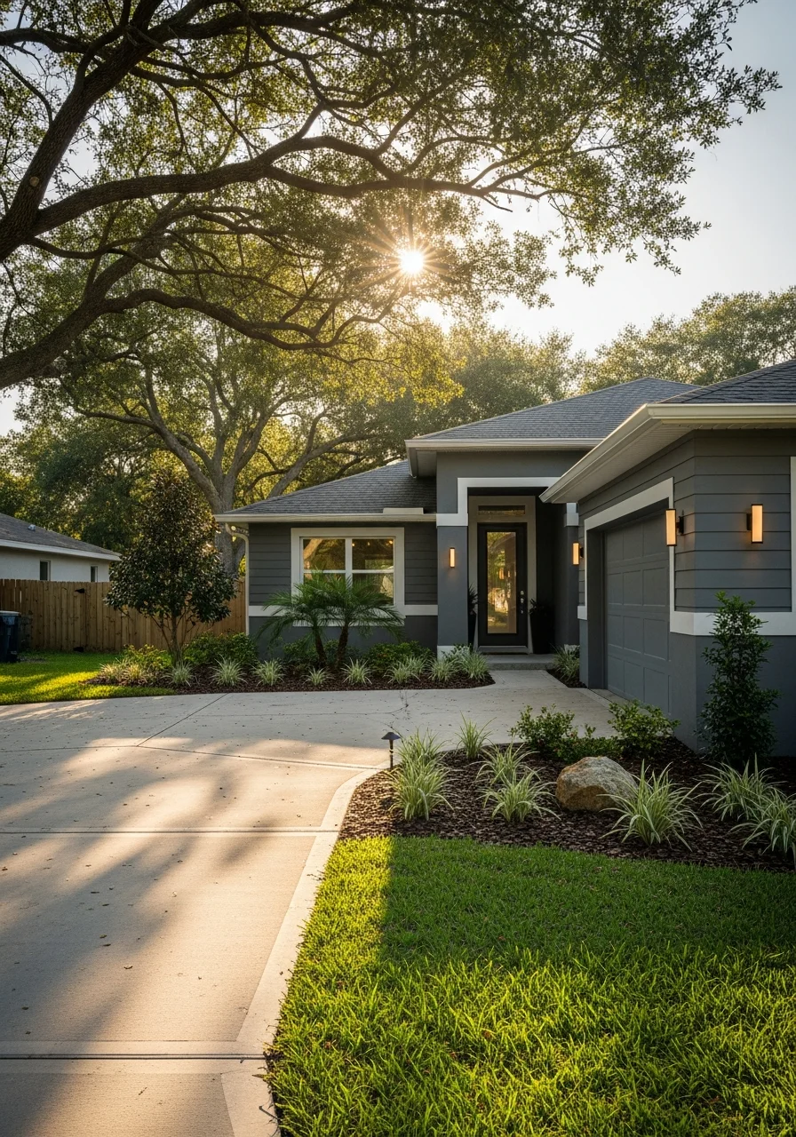Wesley Chapel home exterior with contemporary design and manicured yard.