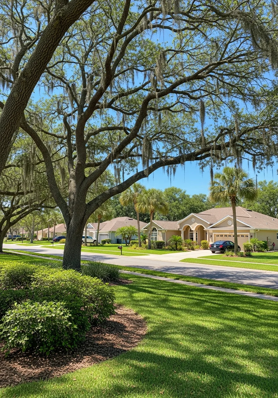 Winter Haven home with mature landscaping and clear blue sky.