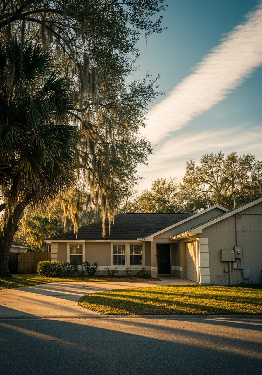 Zephyrhills home exterior with natural landscaping and clear sky.