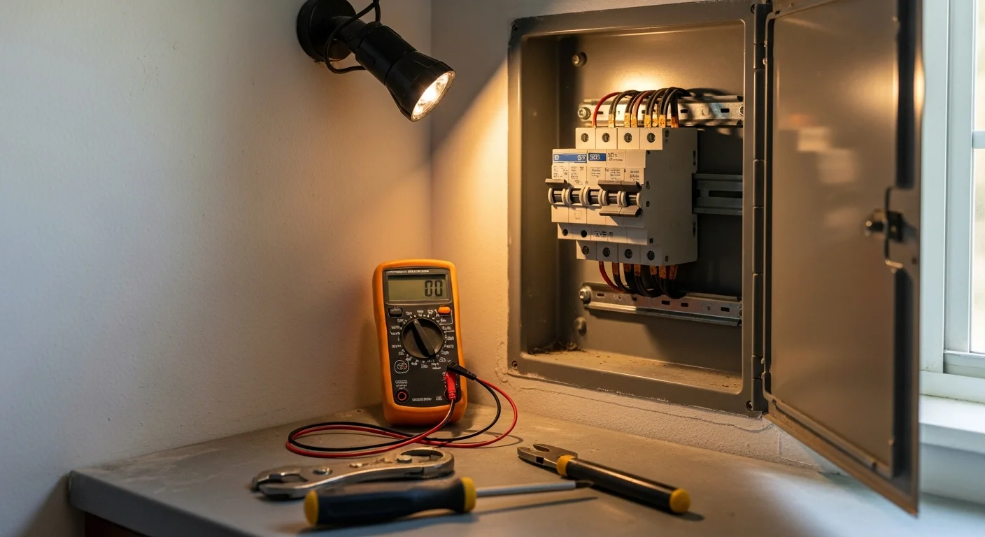 A licensed electrician from Zenergy Electric LLC inspecting an open residential breaker panel inside a Lakeland, Florida home. The image shows a close-up of the panel interior with breakers in organized rows, with one breaker removed for replacement.