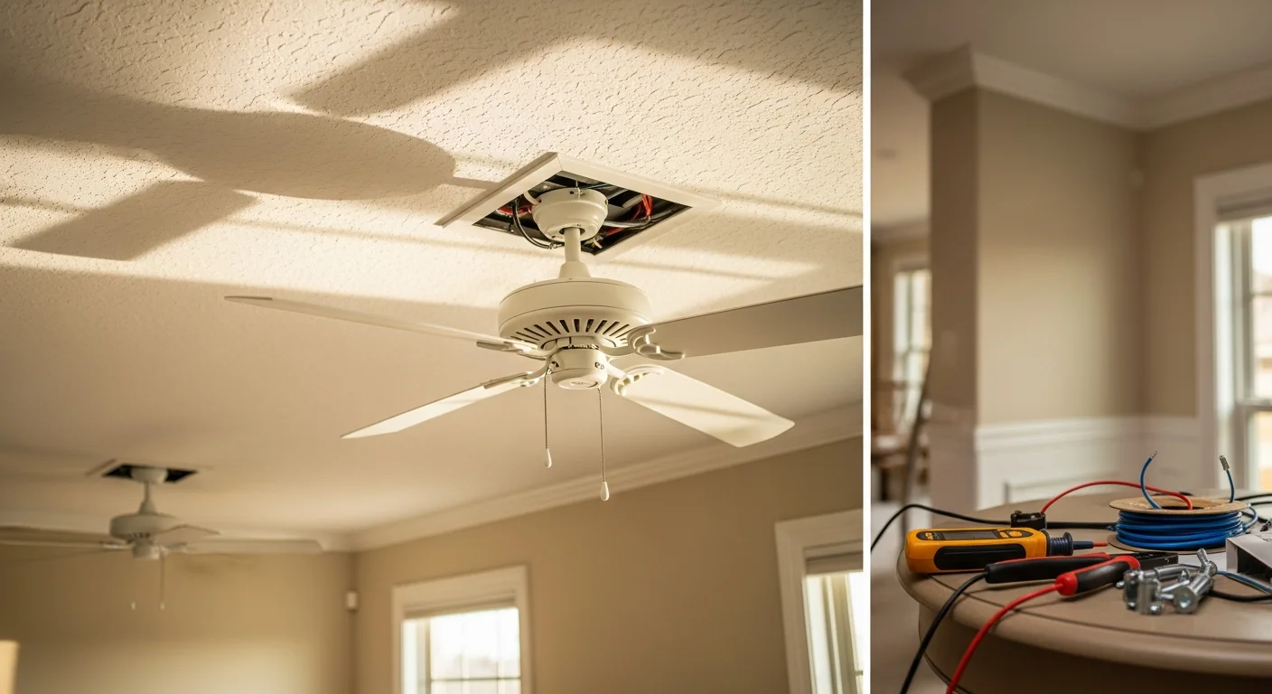A licensed electrician from Zenergy Electric LLC securing a ceiling fan mounting bracket to a ceiling in a Lakeland, Florida home. The fan is fully assembled and level, ready for final wiring connection.