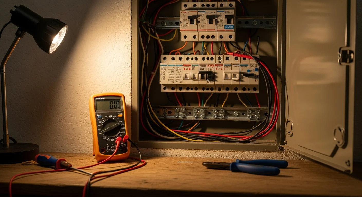 A licensed electrician from Zenergy Electric LLC inspecting a residential circuit breaker panel inside a Lakeland, Florida home. The panel shows neatly labeled breakers and organized wiring following a circuit repair and installation service.