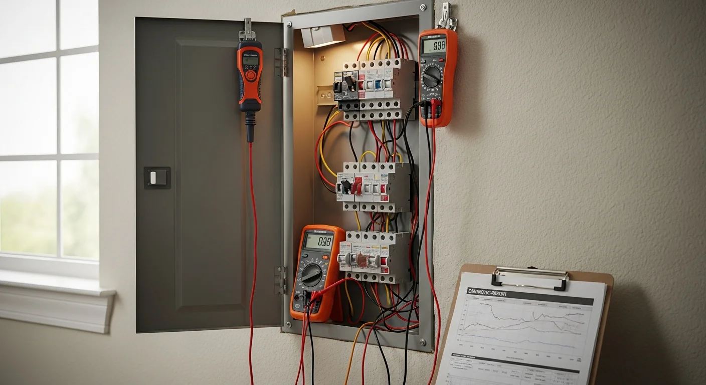 A licensed electrician from Zenergy Electric LLC inspecting and repairing a residential circuit breaker panel inside a Lakeland, FL home. The panel is open, showing labeled breakers being tested with a diagnostic tool.