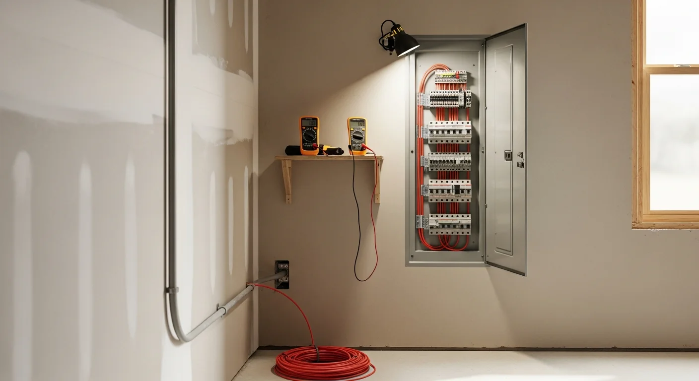 A licensed electrician installs a new residential electrical panel inside a Lakeland, Florida home, with neatly organized circuit breakers and labeled wiring connections visible inside the open panel box.