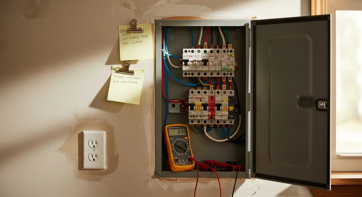 A licensed electrician from Zenergy Electric LLC inspecting and restoring wiring inside an open electrical panel in a Lakeland, FL home. Repaired circuits and replaced connections are visible inside the panel box.