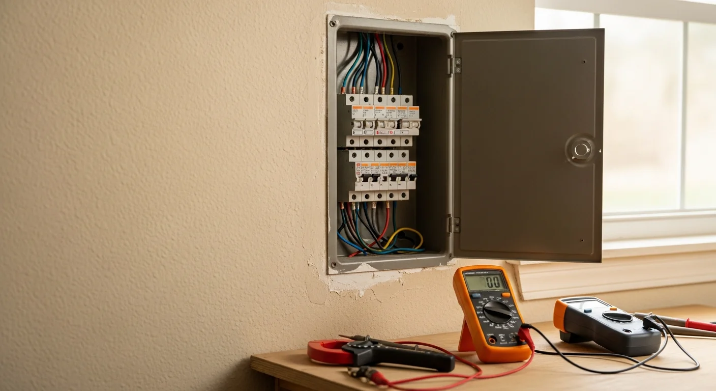 A licensed electrician from Zenergy Electric LLC using a diagnostic meter to test a residential electrical panel inside a Lakeland, Florida home. The panel cover is open, showing circuit breakers being inspected for faults.