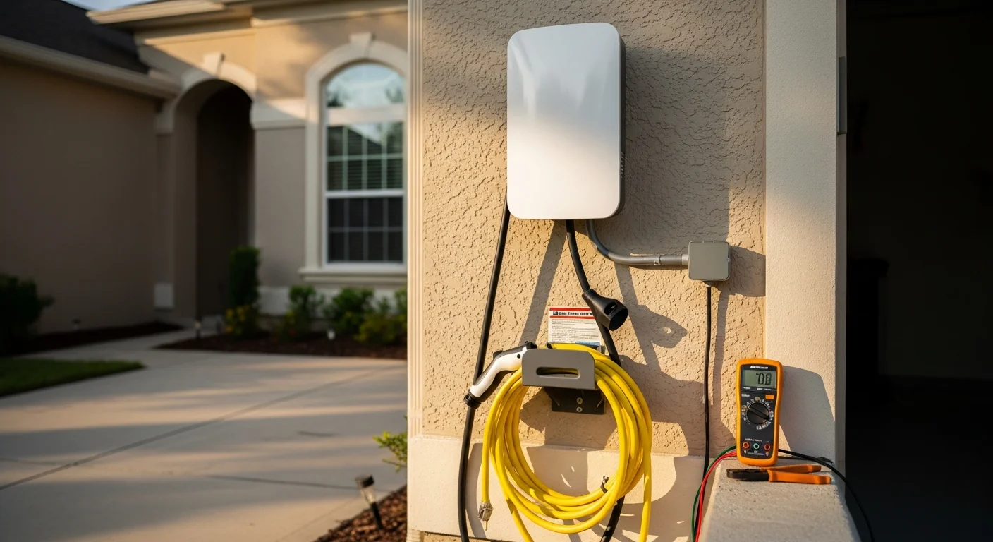 A Level 2 EV charging station mounted on the interior wall of a residential garage in Lakeland, Florida, with a 240-volt dedicated circuit installed by a licensed electrician. The charger cable hangs neatly beside a parked electric vehicle in a single-car garage with a standard drywall interior.