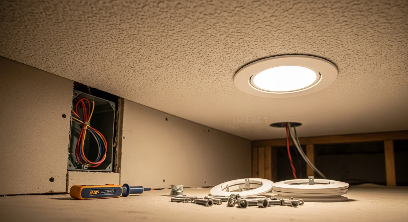 A Lakeland home interior showing newly installed recessed ceiling lights in a living room with clean, even light coverage across the space. A licensed electrician from Zenergy Electric LLC completes the final fixture connection from a ladder.