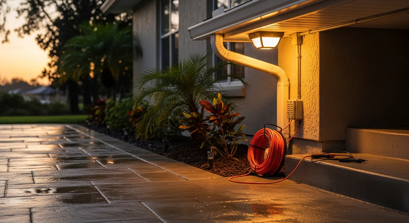 A Lakeland residential home exterior at night with professionally installed pathway lights, porch fixtures, and landscape uplighting illuminating the front yard. Zenergy Electric LLC outdoor lighting installation showing weather-rated fixtures mounted along a Florida home's entry and driveway.