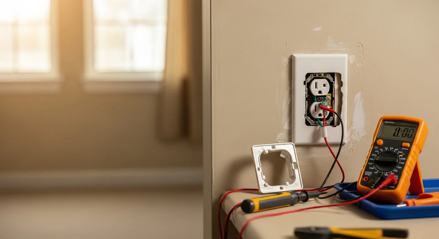 A licensed electrician from Zenergy Electric LLC testing a repaired wall outlet in a Lakeland home, with wiring connections secured inside the outlet box. The finished receptacle shows no discoloration or damage, mounted flush against a clean interior wall.