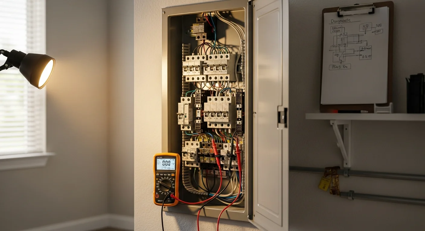 A licensed electrician from Zenergy Electric LLC testing circuits inside a residential electrical panel during a power issue diagnosis at a Lakeland, Florida home. The panel is open and the electrician is using a diagnostic meter to check for faults.