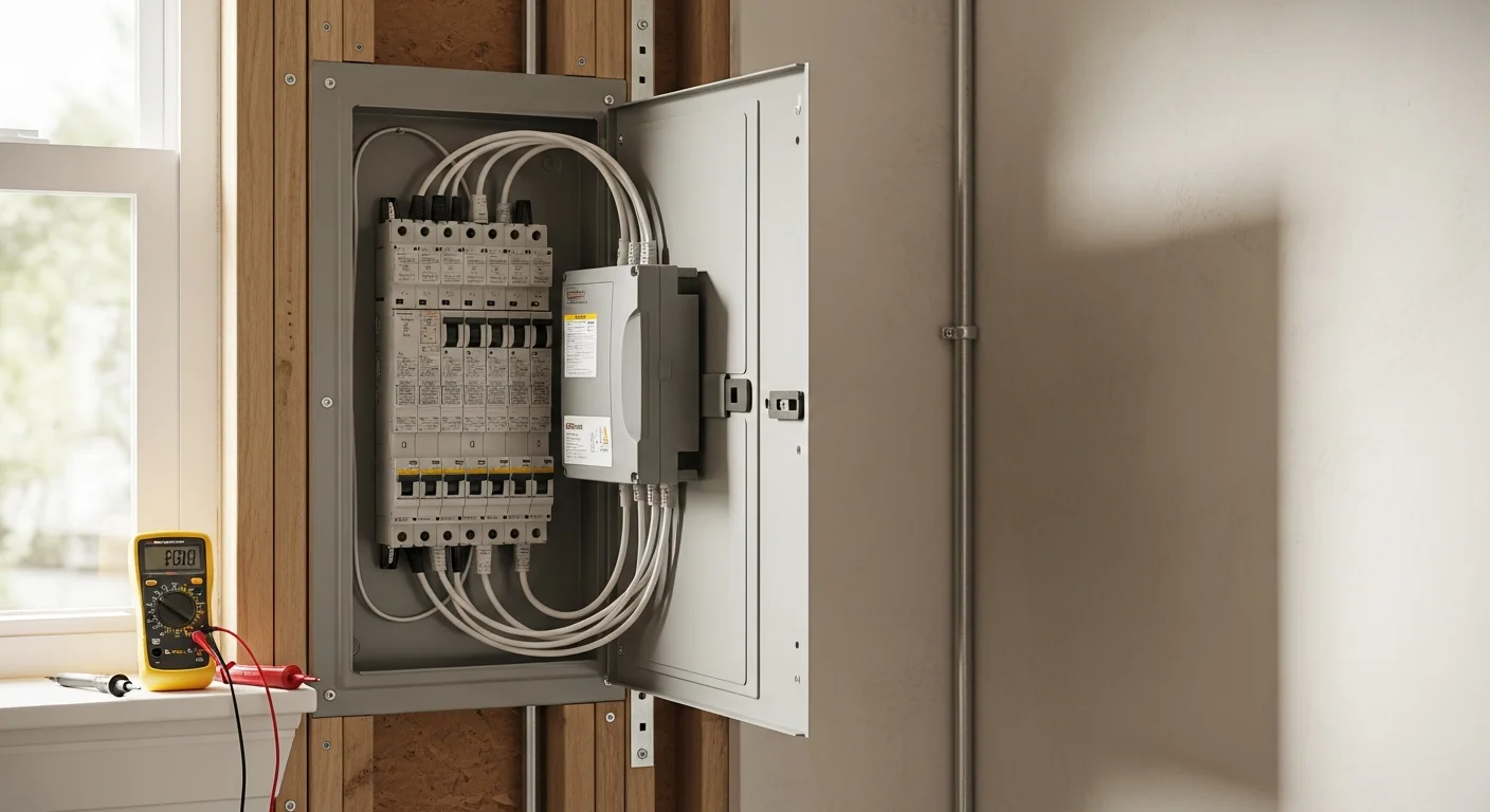 A licensed electrician installs a surge protective device at a residential electrical panel inside a Lakeland, Florida home. The panel is open and the device is mounted adjacent to the main service equipment.