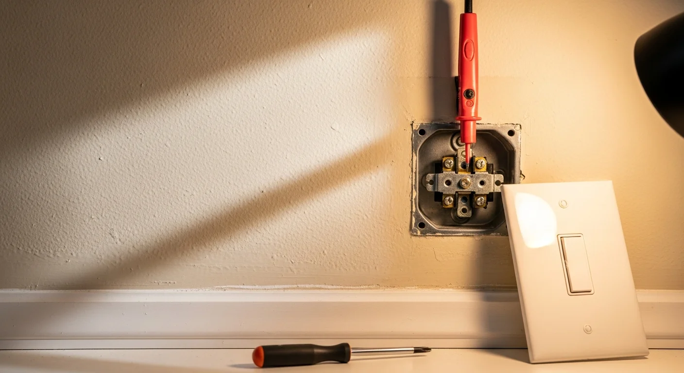 A licensed electrician from Zenergy Electric LLC inspecting an open wall switch box in a Lakeland residential home, with wiring connections visible and a voltage tester in hand. The switch plate is removed and the repair work is in progress in a single-family home interior.