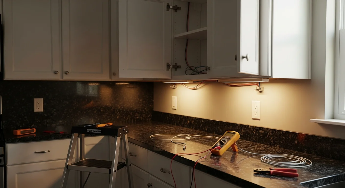Hardwired undercabinet lighting installed beneath white kitchen cabinets in a Lakeland home, casting even light across a dark countertop. A licensed electrician from Zenergy Electric LLC secures a fixture mount to the cabinet underside during installation.