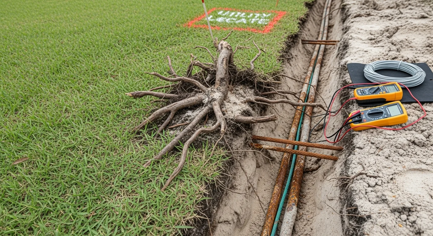 A licensed electrician from Zenergy Electric LLC inspecting an exposed underground wire repair trench in a Lakeland, FL residential backyard. The image shows a short section of excavated conduit with damaged wiring being replaced near an outdoor electrical panel.
